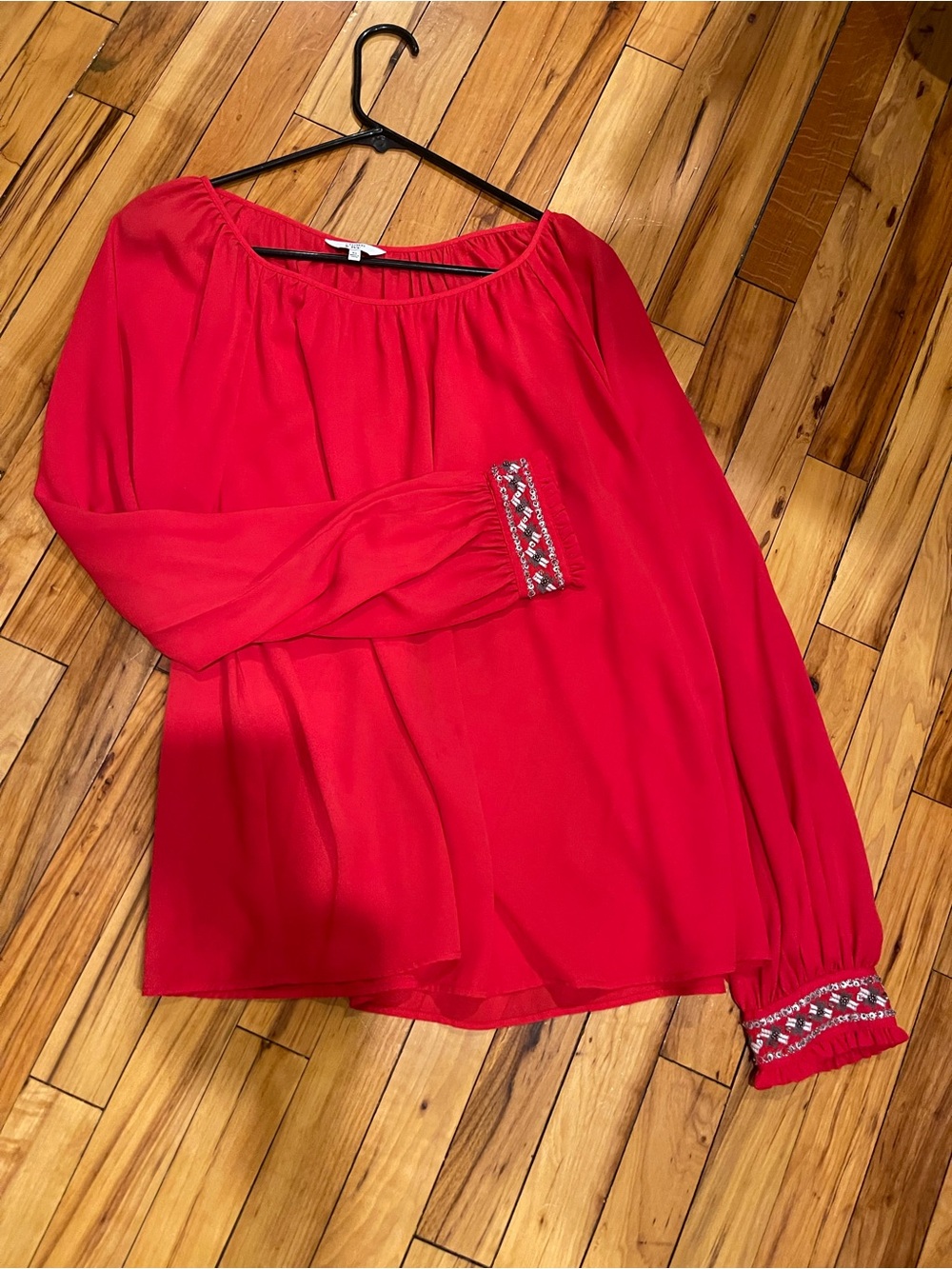 crown & ivy Red Peasant-Style Long Sleeve Blouse with Embroidered Cuffs